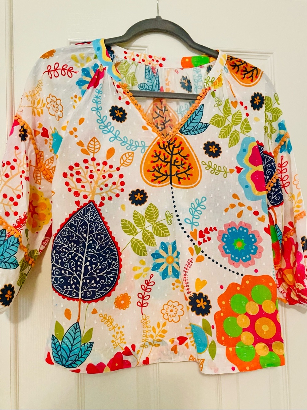 Colorful Floral Boho V-Neck Tunic Blouse | Resort Vacation Top | Small